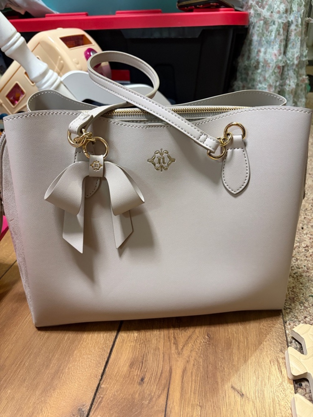 Nanette Lepore Cream Tote with Bow Charm and Gold-Tone Hardware